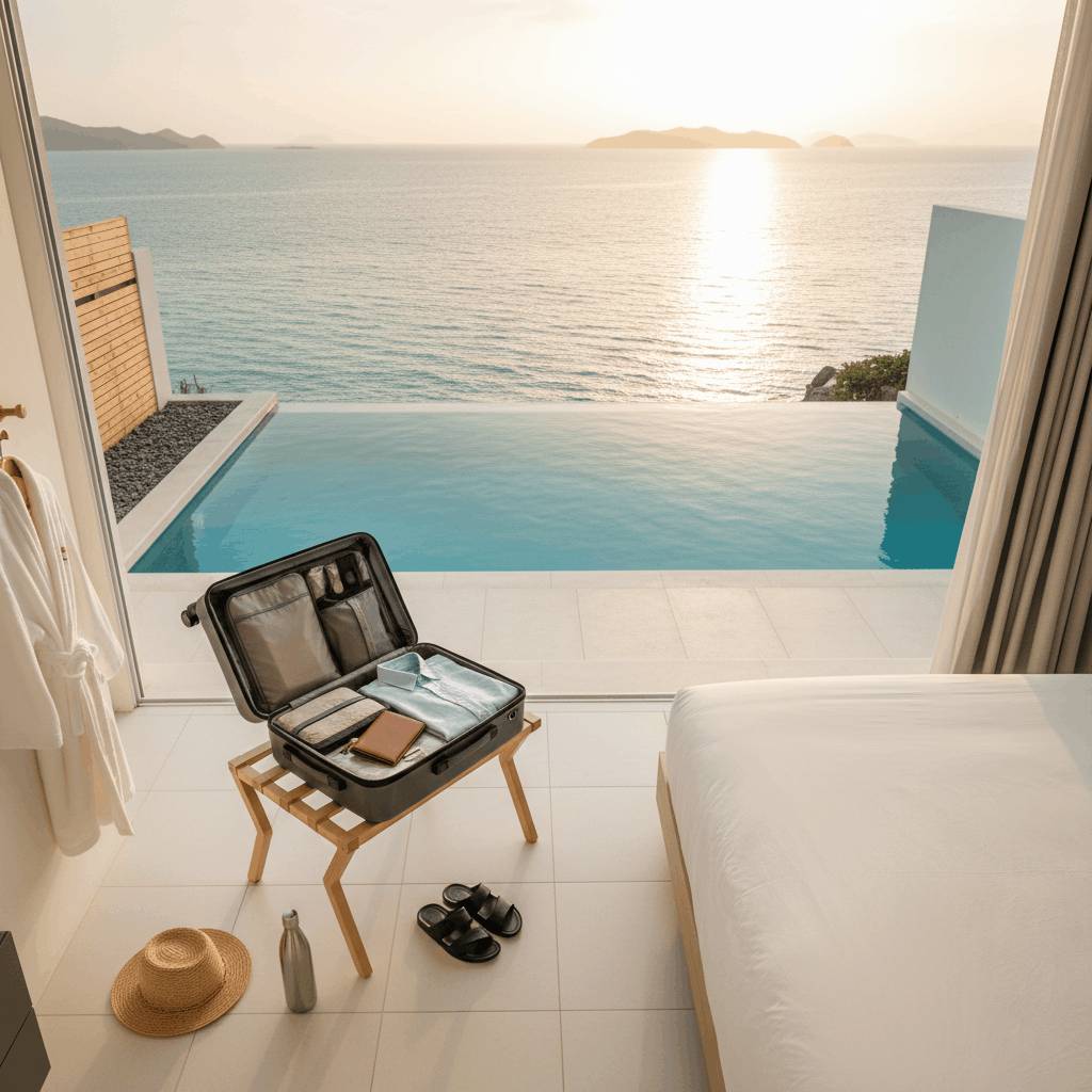 Valise remplie dans une chambre avec vue sur mer