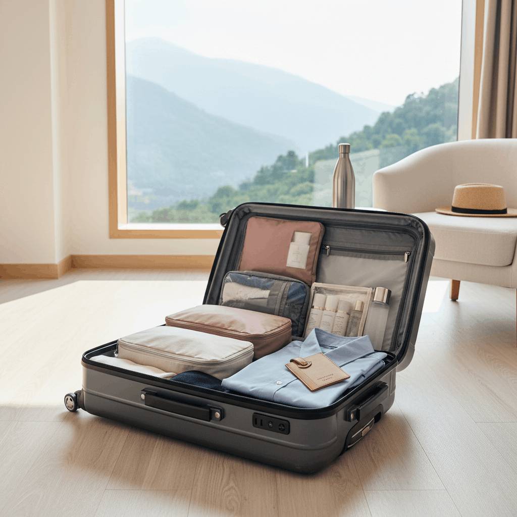 Valise remplie sur le sol