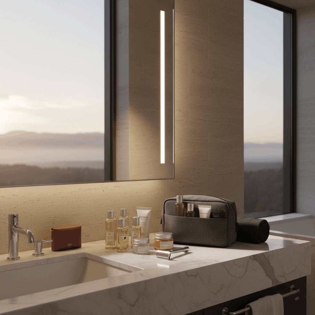 Affaire de voyage dans une salle de bain