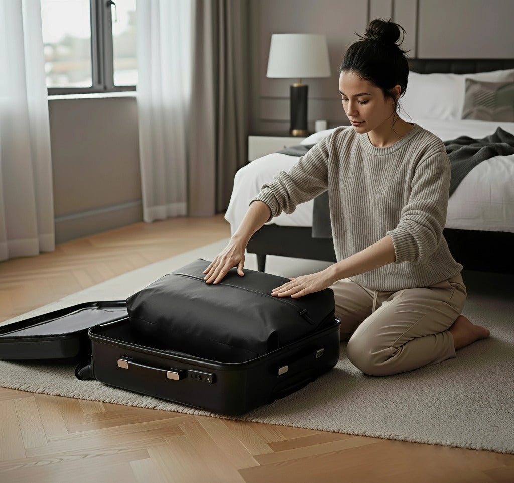 Femme utilisant le sac de compression AeroKit Pro pour sa valise