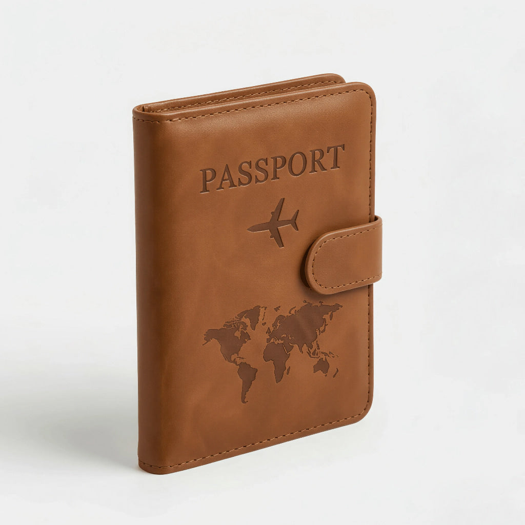 étui à passeport fermé et posé sur la tranche