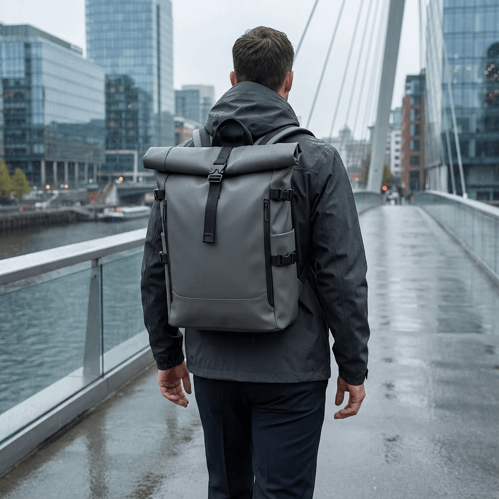 Sac à dos roll-top Skood gris porté sur le dos