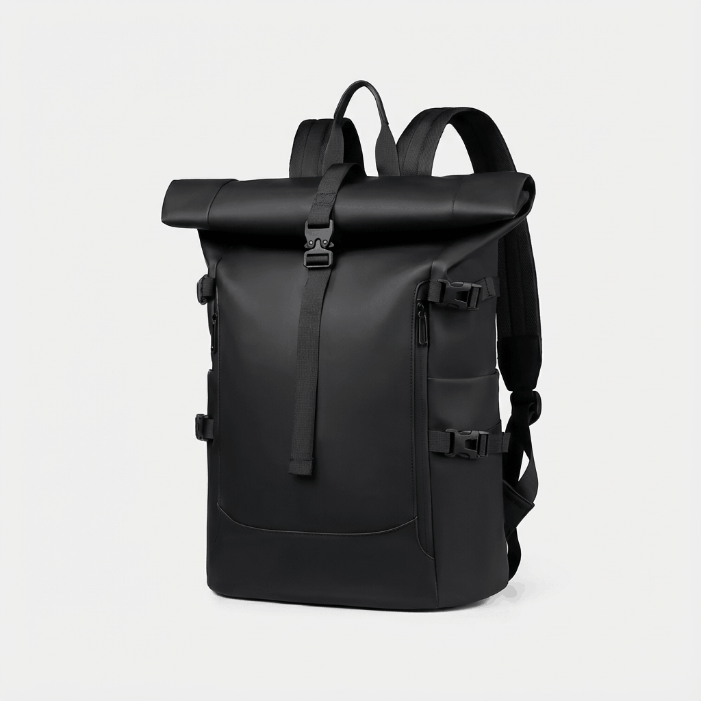 Sac à dos roll-top Skood noir vue de profil