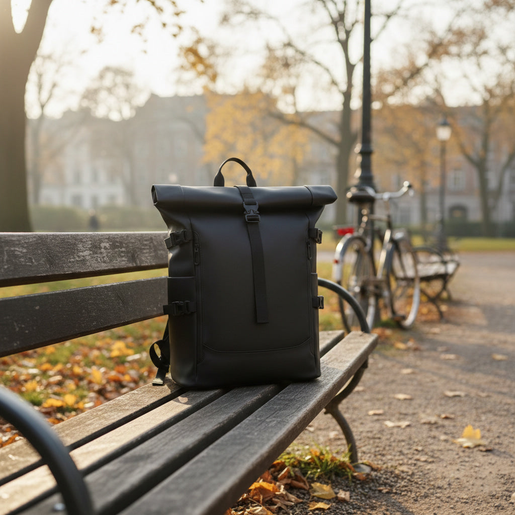 Sac à dos impérméable roll-top Skood sur banc en bois
