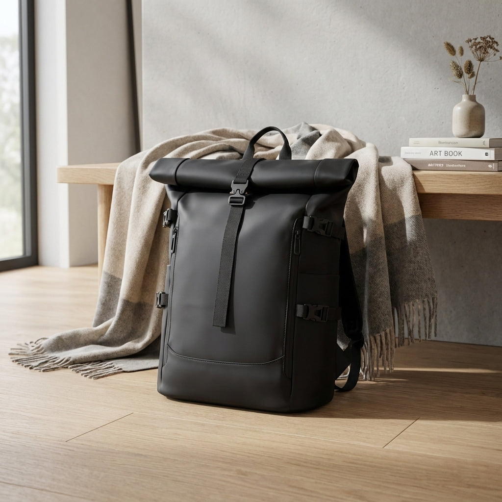 Sac à dos roll-top Skood posé au sol