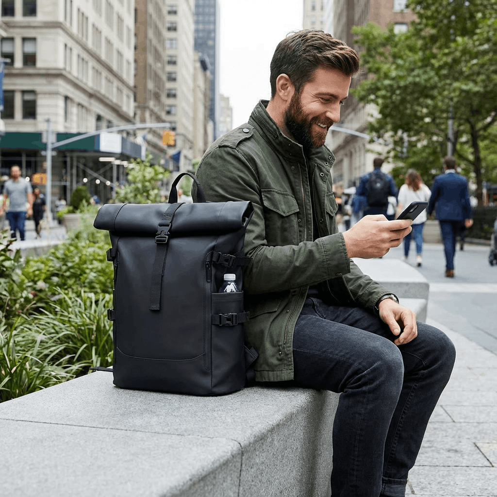 Sac à dos roll-top Skood en environnement urbain