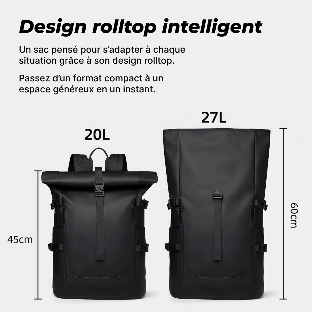 Capacité modulable du sac à dos roll-top Skood