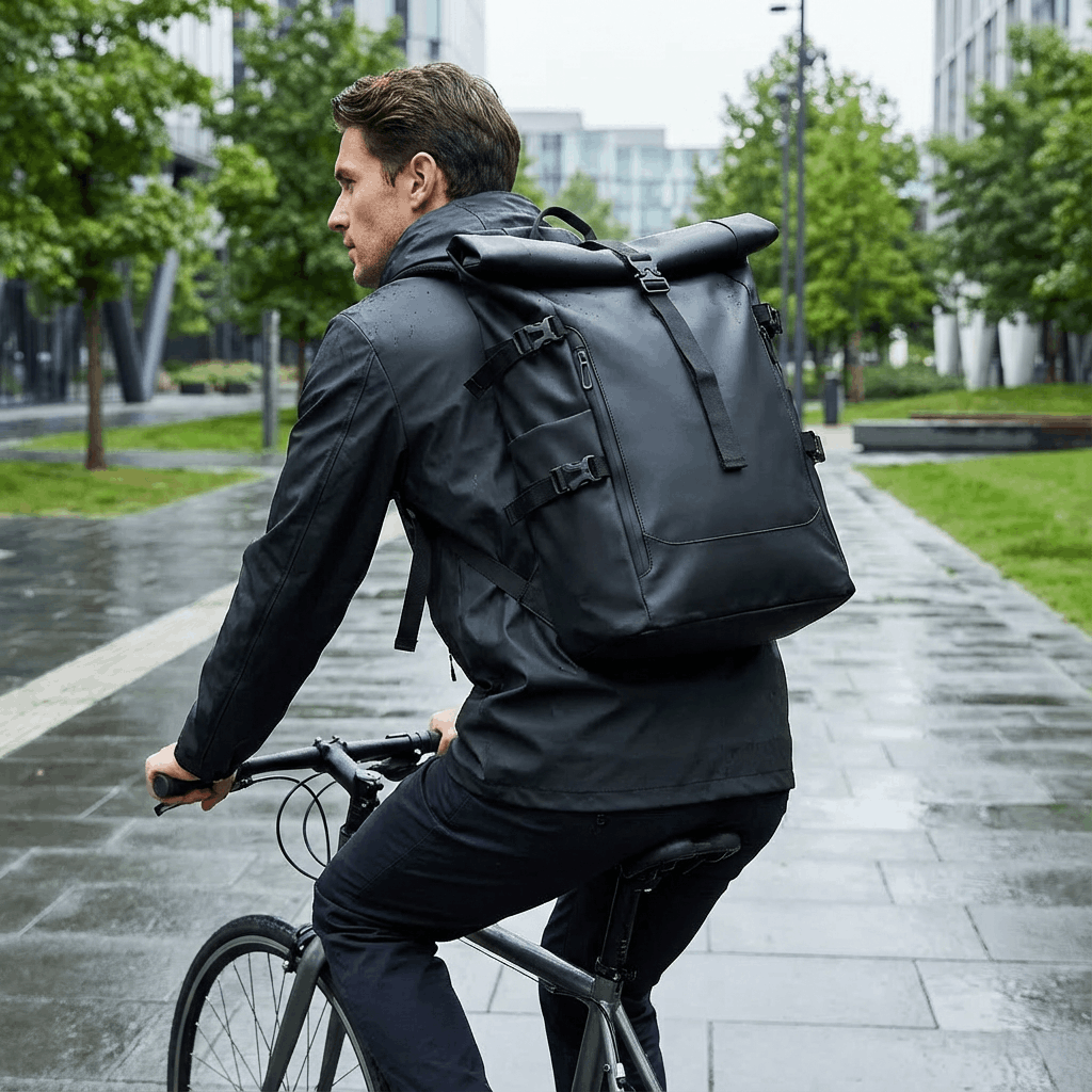 Sac à dos imperméable roll-top Skood à vélo sous la pluie