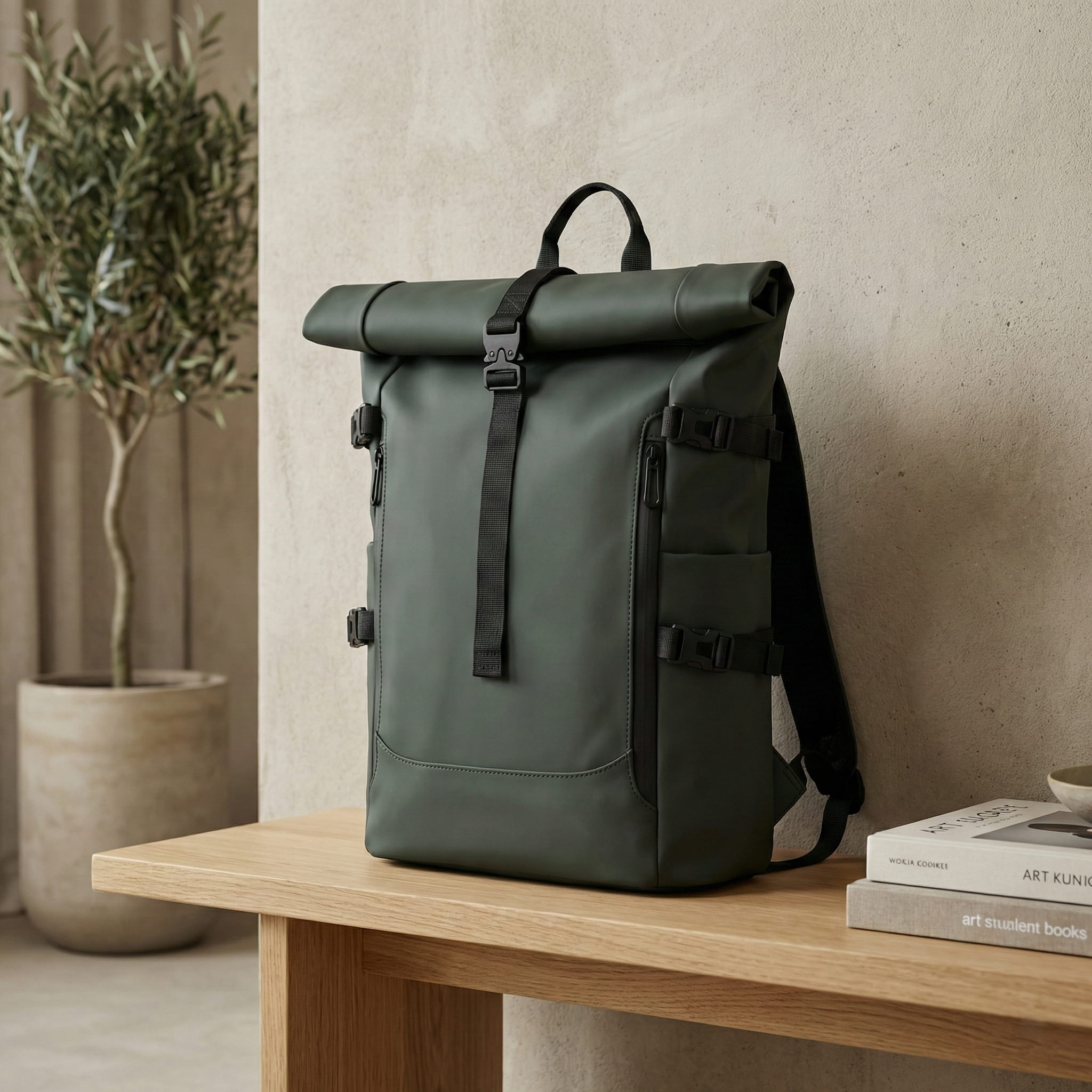 Sac à dos roll-top Skood vert posé sur un banc