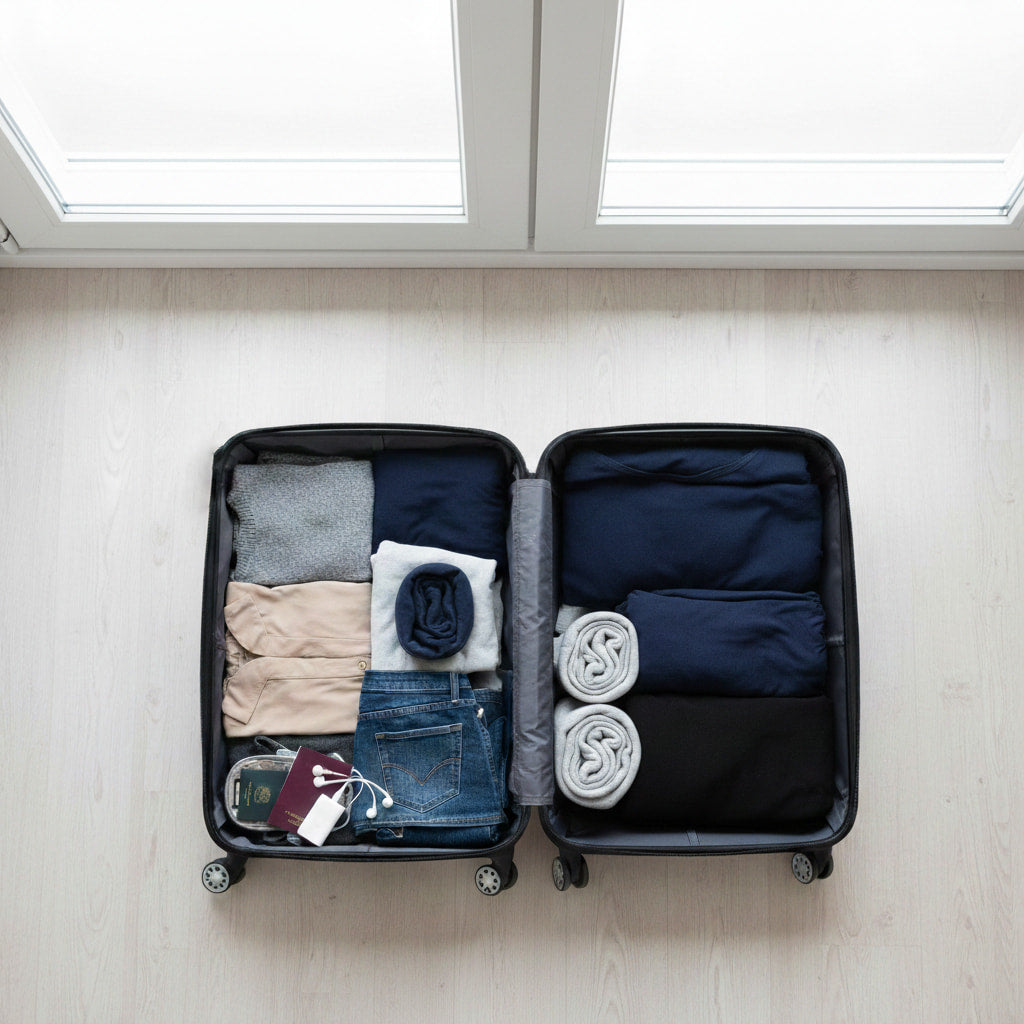 Valise de vêtements ouverte sur le sol
