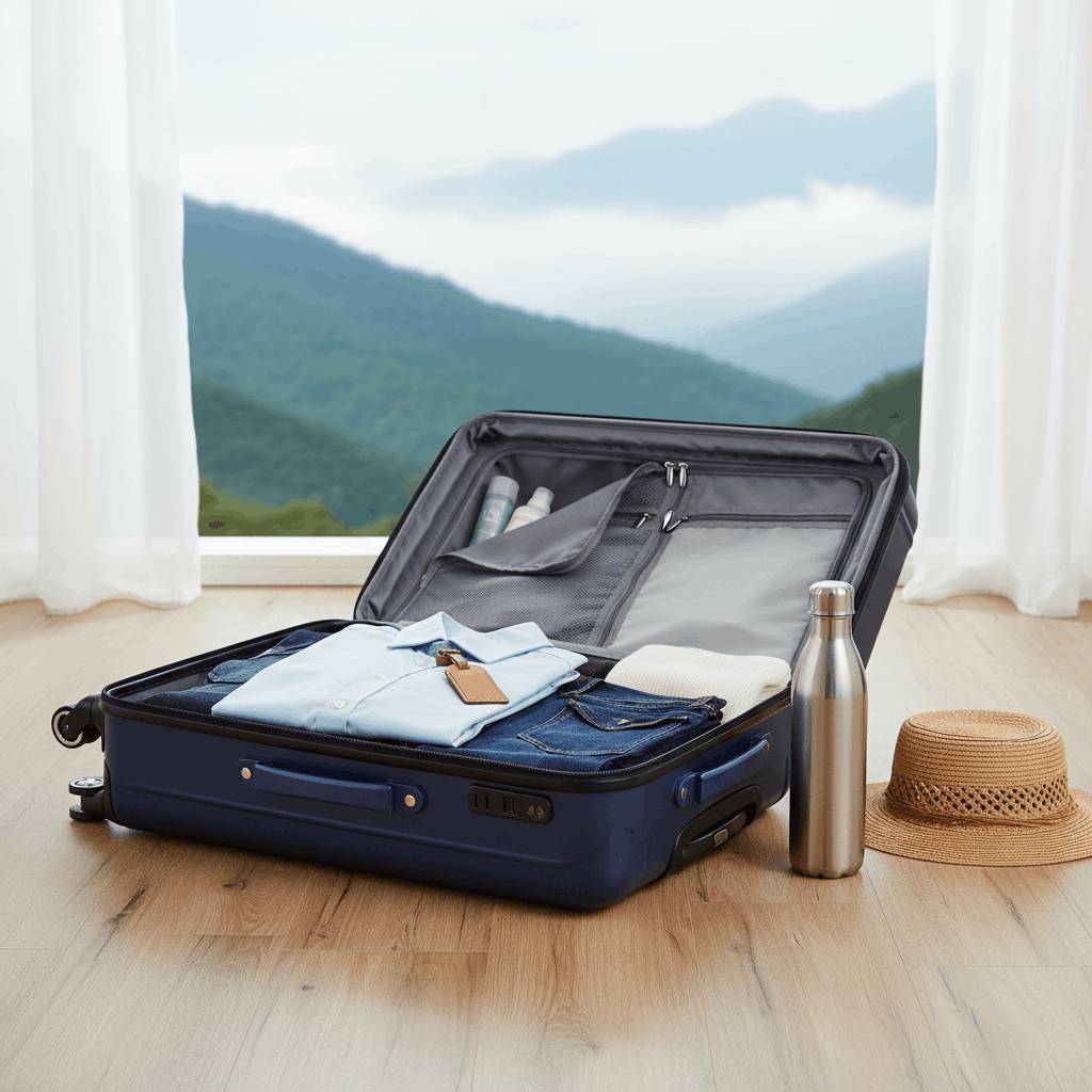Valise remplie sur le sol dans une chambre