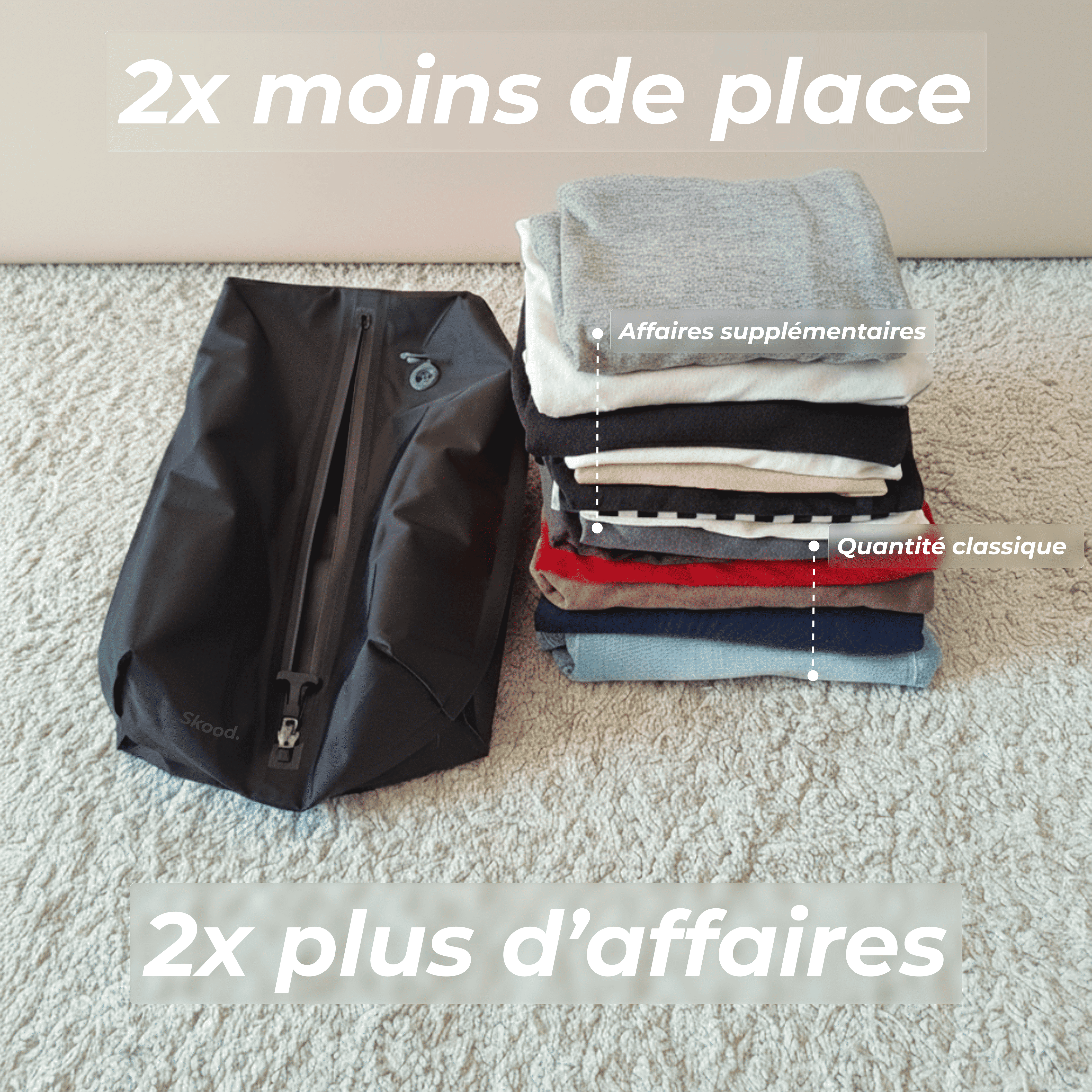 Sac de compression AeroKit Pro à côté d'une pile de vêtements pliés