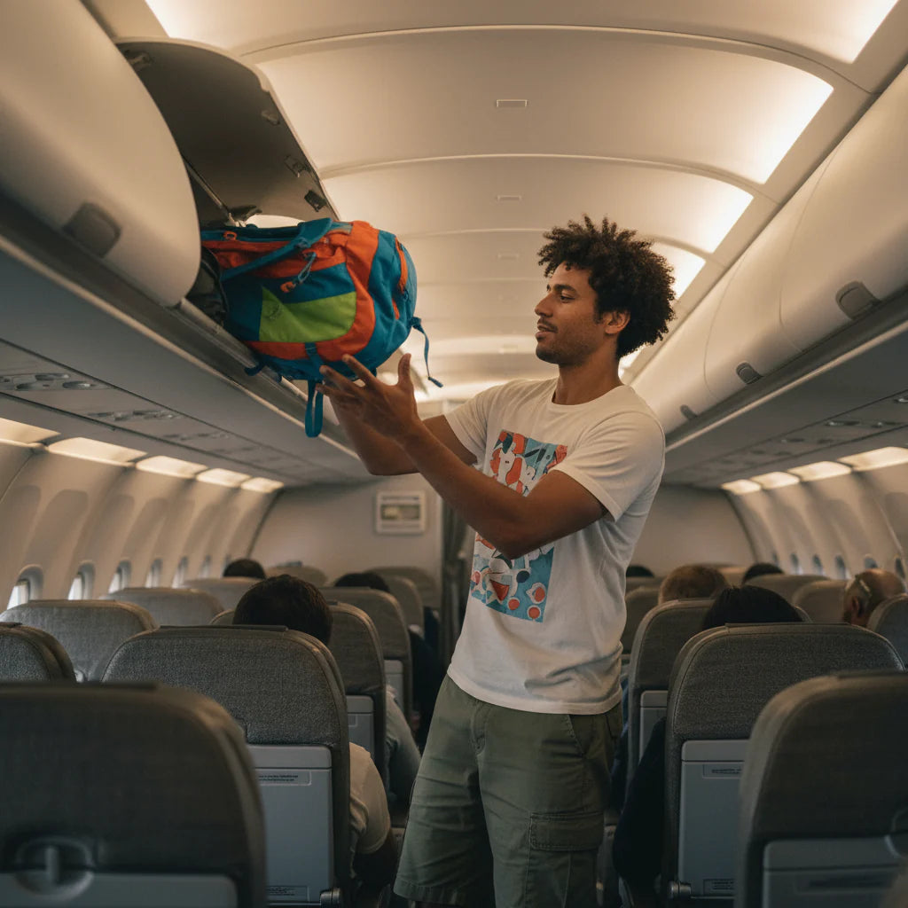 Homme rangeant ses bagages cabines dans l'avion 