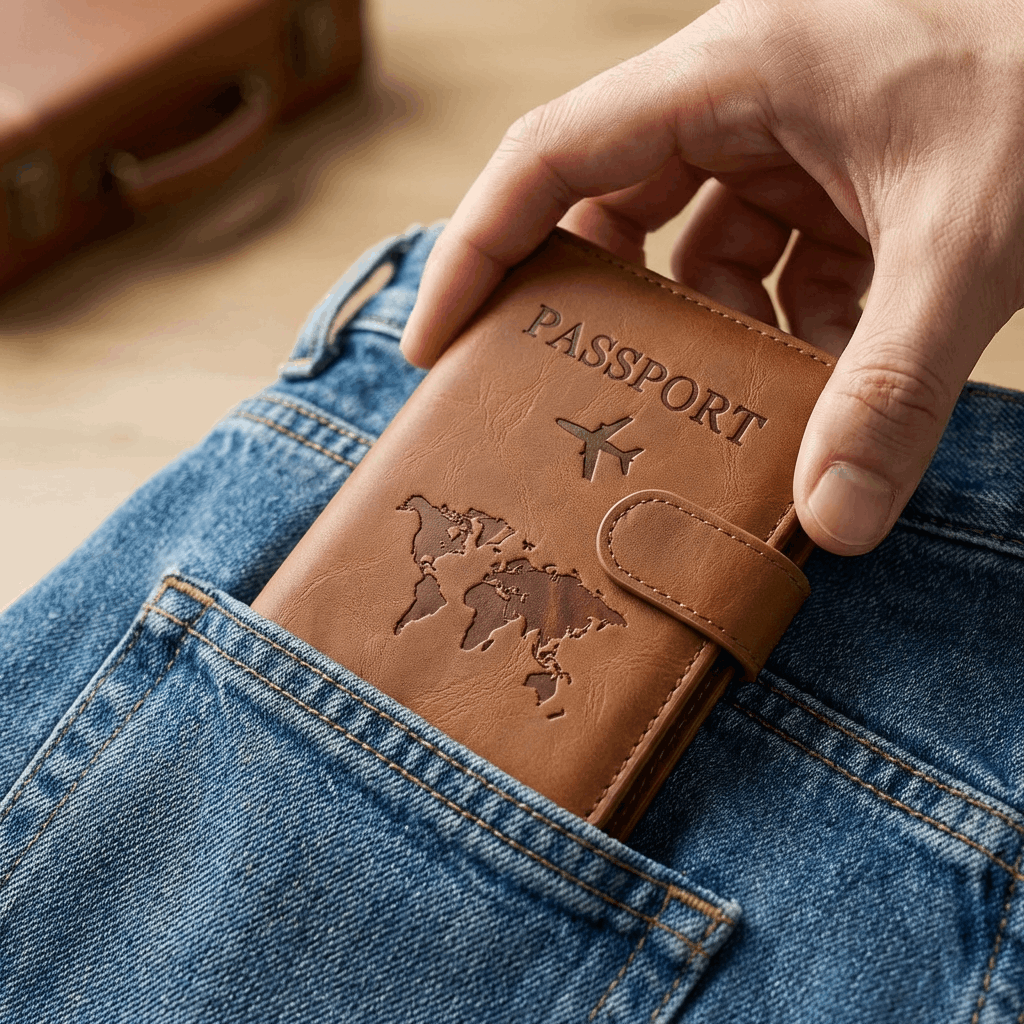 étui de passeport glissée dans une poche de jean
