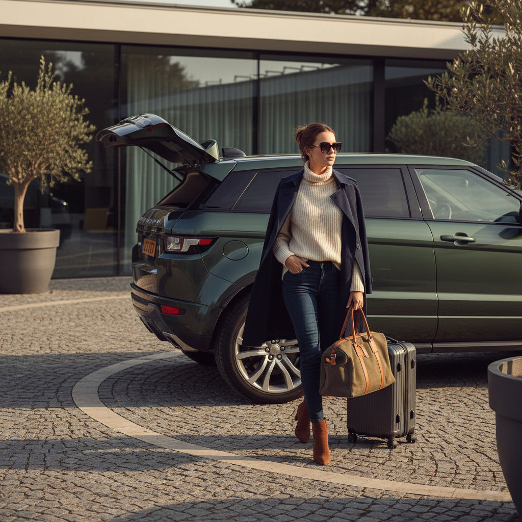 Femme arrivée sur son lieu de voyage portant ses bagages