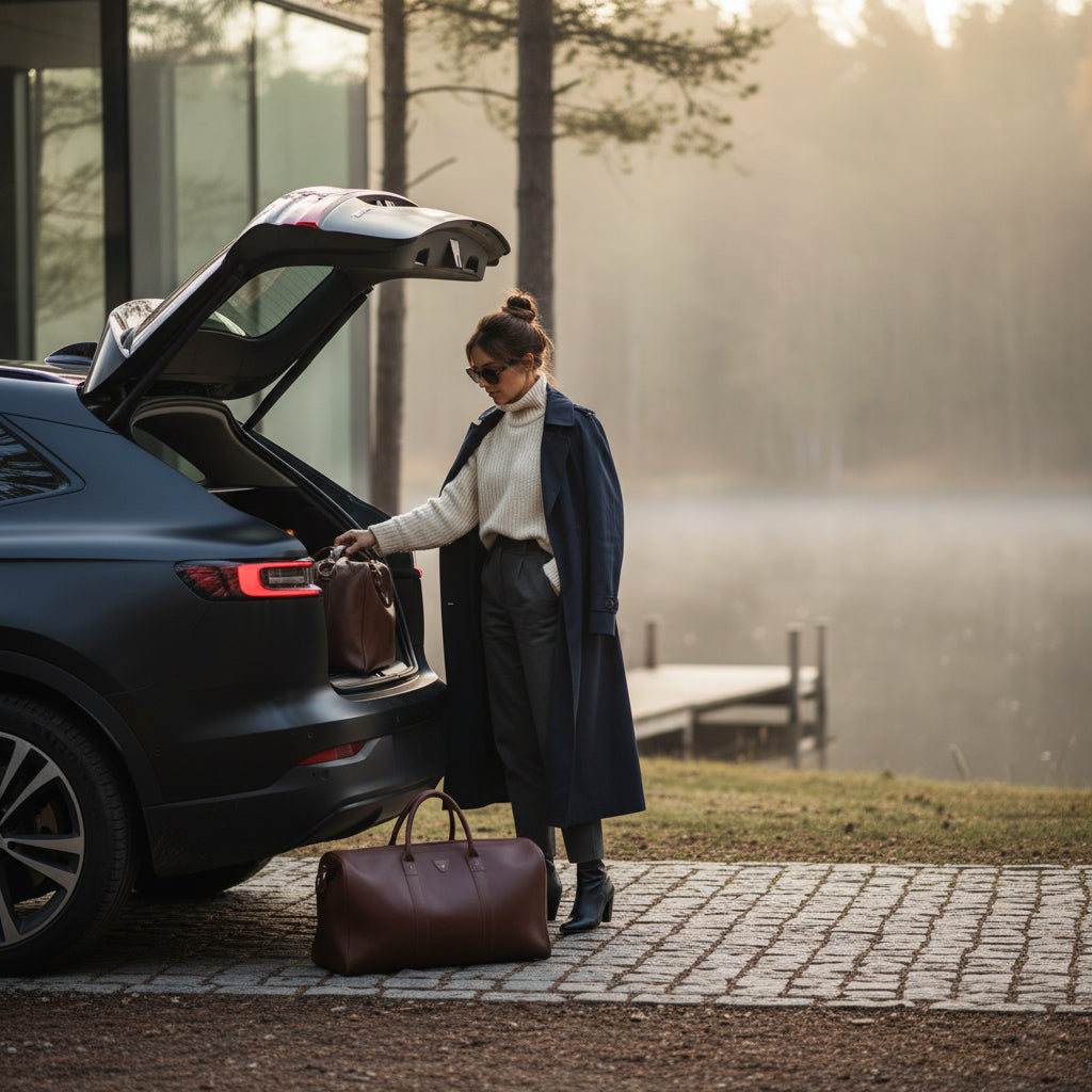 Femme chargeant sa voiture de bagage